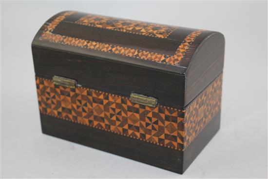 A Tunbridge ware coromandel half square mosaic banded triple scent bottle box, 5.25in.